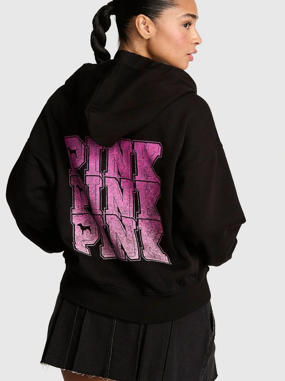 PINK Victoria's Secret Black Zip-Up Hoodie with Pink Dog Embroidery